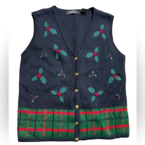 Christmas Vest with Holly Berries and Gold Hardware Size Women’s Medium Vintage